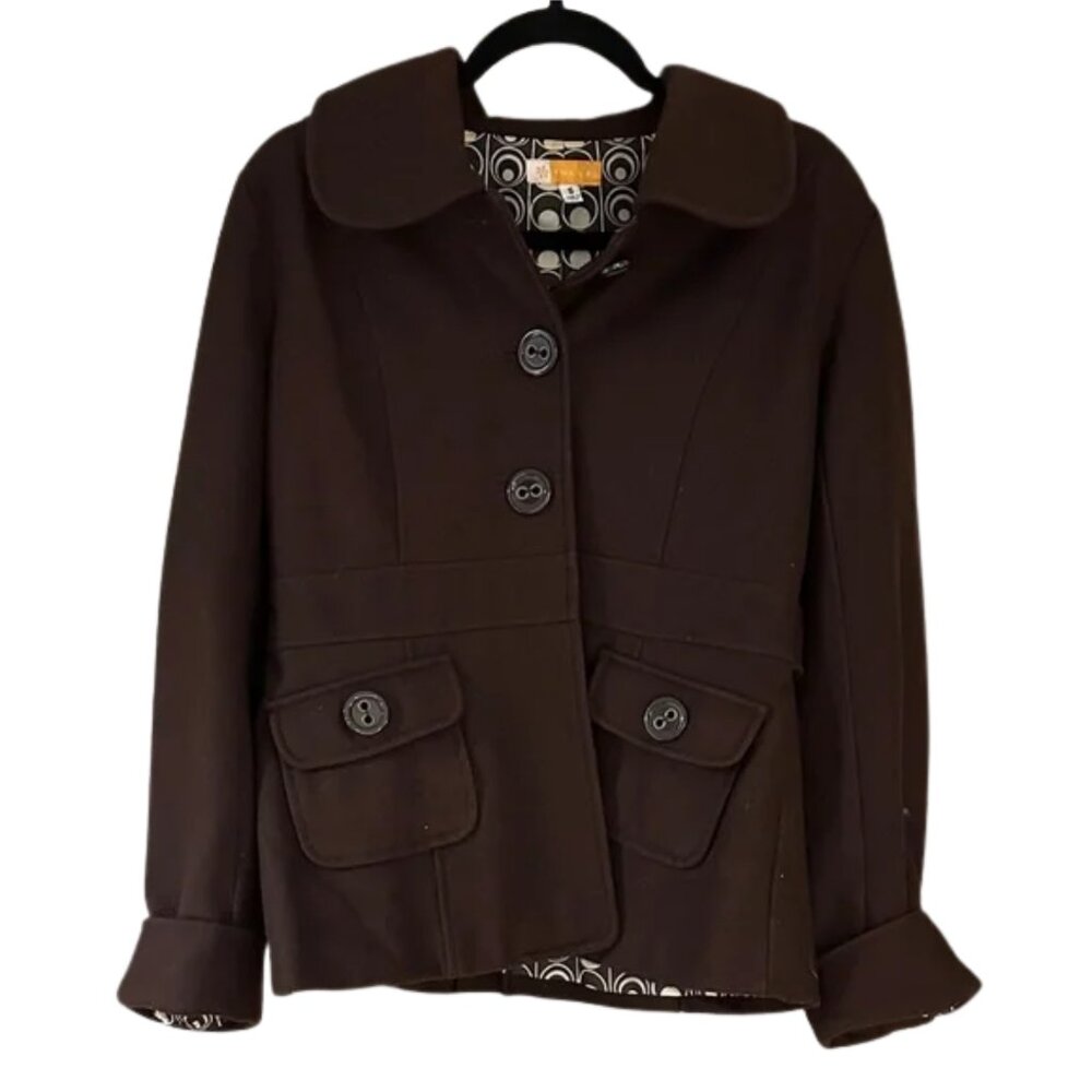Tulle Chocolate Brown Pea Coat Button Front Jacket Classic Style